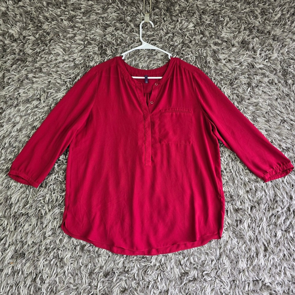 NYDJ Womens Red Split Neck Henley Blouse 3/4 Sleeve Pleated Back Size Large